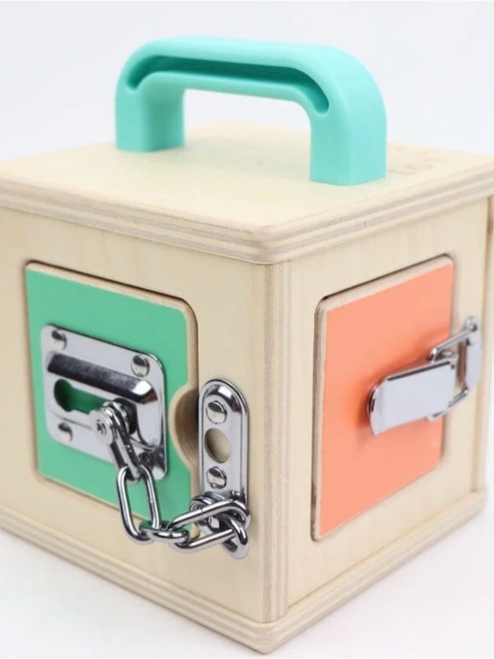 Pastel Lock-and-Latch Busy Box Toy in Mint, Peach, and Green